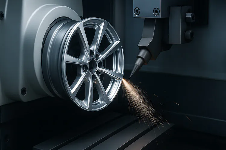 CNC diamond cut lathe machining an alloy wheel face to a mirror finish