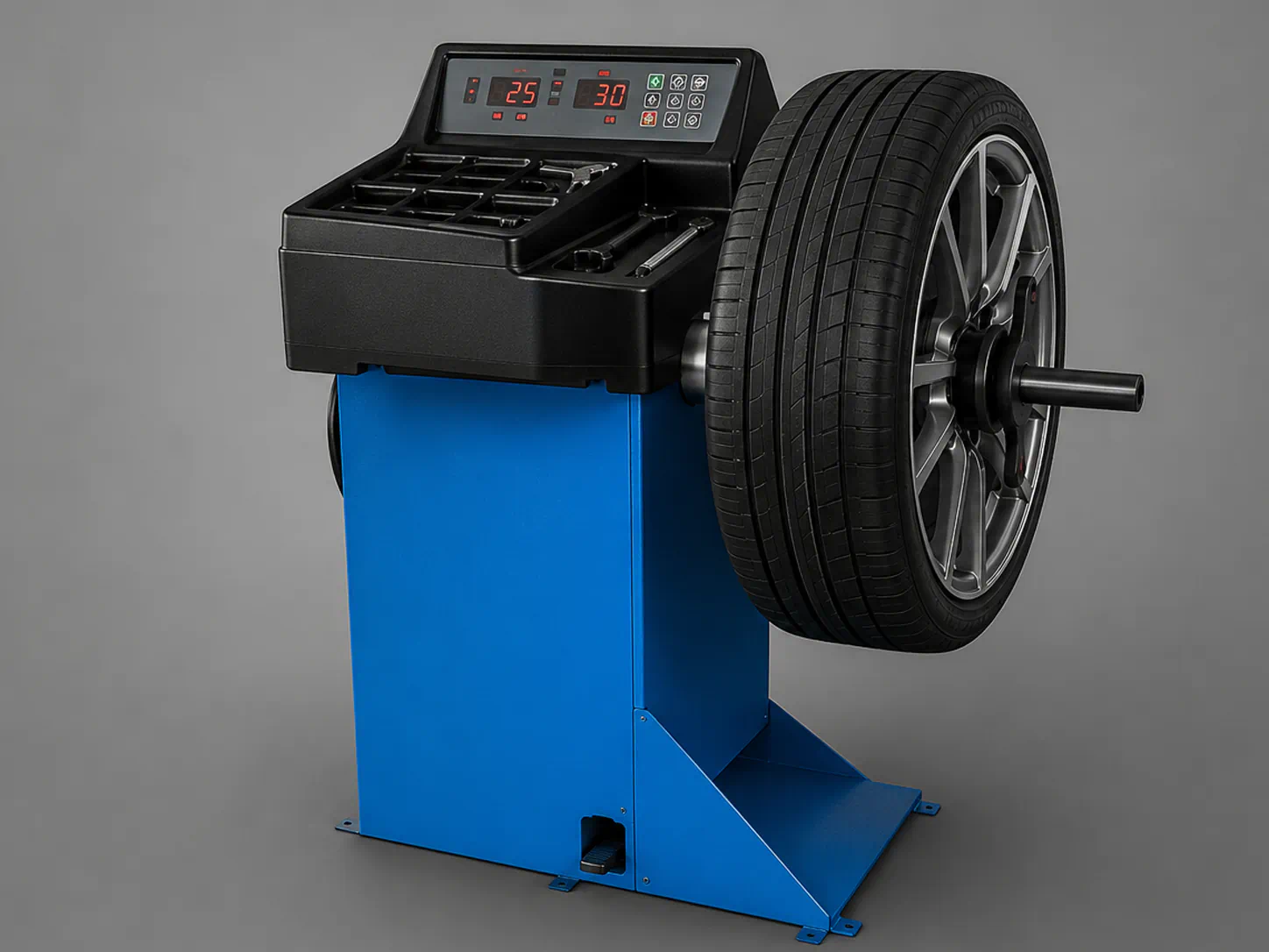 Digital tire and wheel balancing machine balancing a car alloy wheel